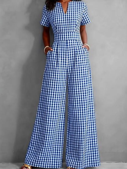 2026 Spring Summer New Plaid V-Neck Short Sleeve Jumpsuit Women'S High-Waist Wide-Leg Straight Long Pants, Women'S Commute Casual Two-Wear Jumpsuit, High-Waist Waist-Cinching Design with Flowing Wide-Leg Trousers