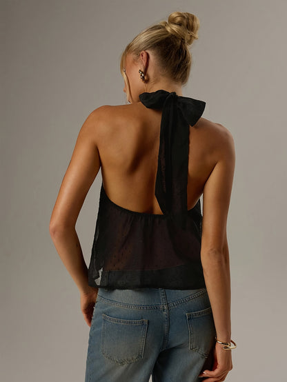 Effortless Black Swiss Dot Blouse for Women with Halter Neck Backless Bow Tie Flowing Tank Style