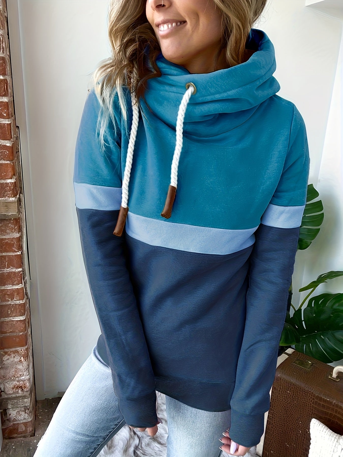 New Autumn Winter Color-Block Hooded Casual Sweatshirt Fashion Loose Lazy Style Jacket Long Sleeve Top