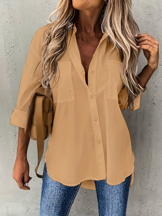 Solid Color Button-Up Long Sleeve Shirt for Women