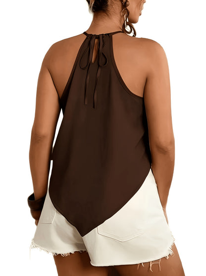 Effortless Halter Top for Women with Sleeveless Handkerchief Hem Tie Back Flowing Tank Style