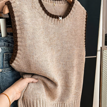 Comfortable Contrast Trim Sweater Vest for Women with Crew Neck Sleeveless Ribbed Hem Oversized Knit Style