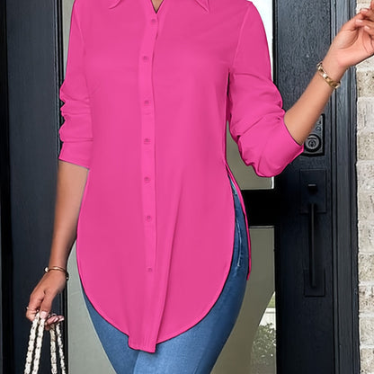 Effortless Tunic Blouse for Women with Collar Long Sleeve Button Front High Low Relaxed Style