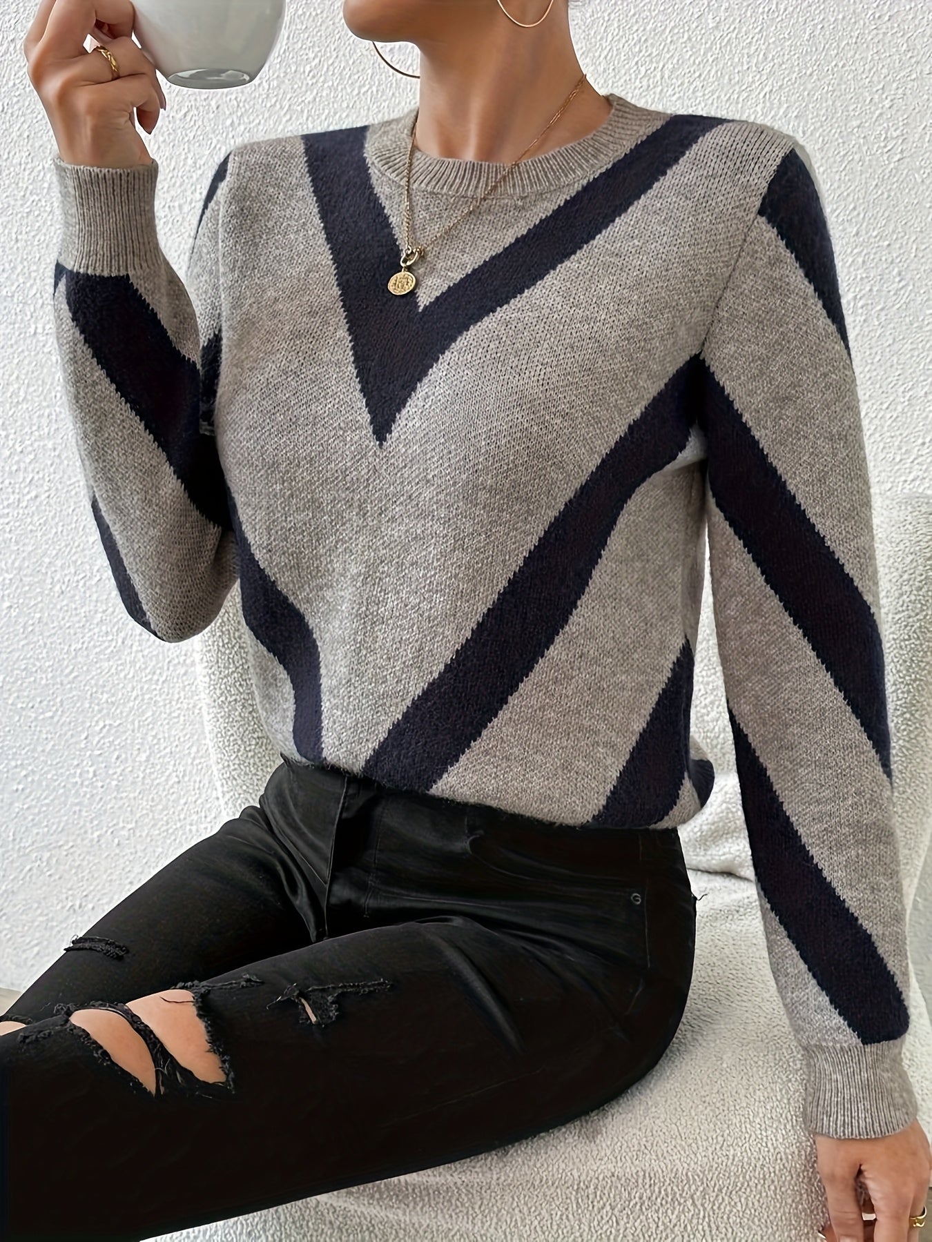 Ladies' Fashion Sweater, Autumn and Winter Style, Striped Pattern, Unisex Elasticity, Suitable for Casual Ladies' Versatile Pullover Shirt Top