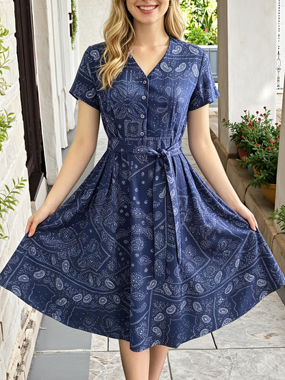 Women's Vintage Blue Print Midi Dress, V-Neck Button Shirt Dress with Pockets & Belt, Casual Commute Vacation Wear for Ladies
