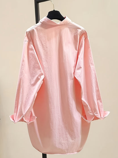 Effortless Cotton Blouse for Women with Point Collar Long Sleeve High Low Oversized Style