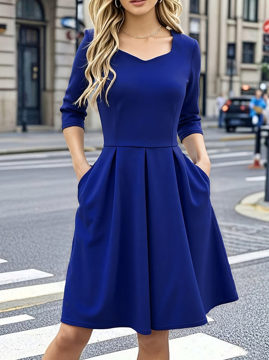 Elegant Royal Blue Midi Dress for Women with Sweetheart Neckline Elbow Sleeve Pleated Fit and Flare Style