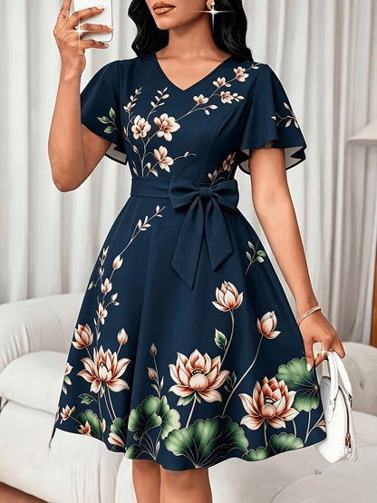 V-Neck Dress, Elegant Floral Print Short Sleeve, Waist-Cinching A-Line Midi Dress, Versatile Women's Wear for Commuting, Parties, and Daily Wear