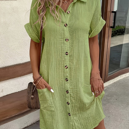 Effortless Cotton Gauze Shirt Dress for Women with Collar Short Sleeve Button Front Relaxed Style