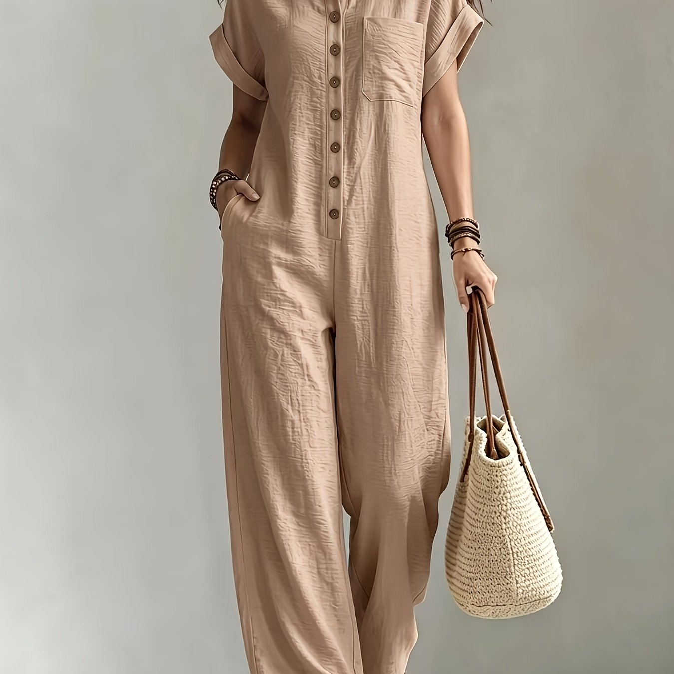 Women'S Summer Short Sleeve Jumpsuit, Collared Single-Row Button Loose Straight Style, Casual Cargo Overalls, Loose Straight Drape Long Pants, Daily Commute Casual All-Match Fashion Comfortable