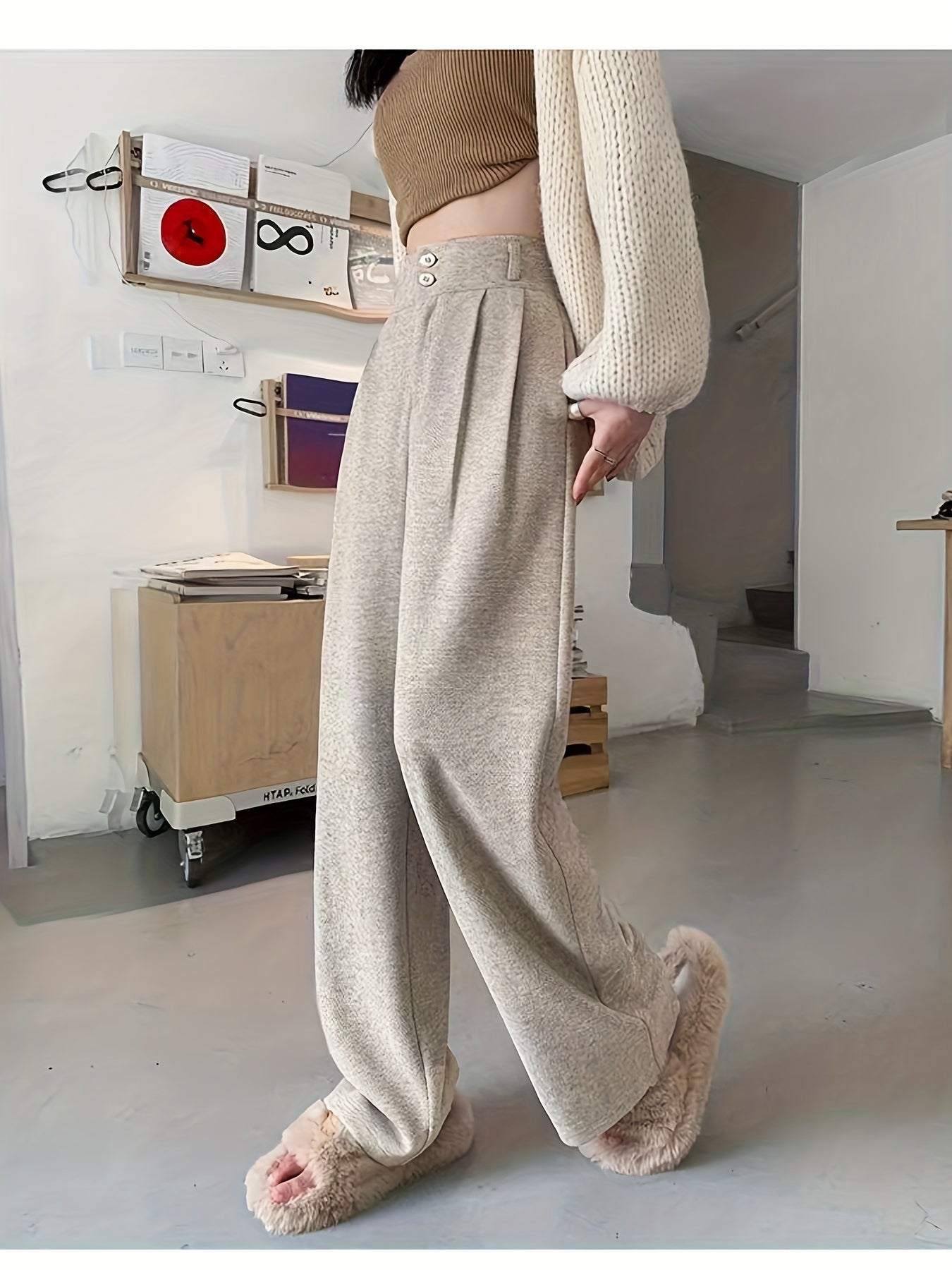 Elegant Herringbone Wide Leg Pants for Women with High Waist Button Front Pleated Tailored Style