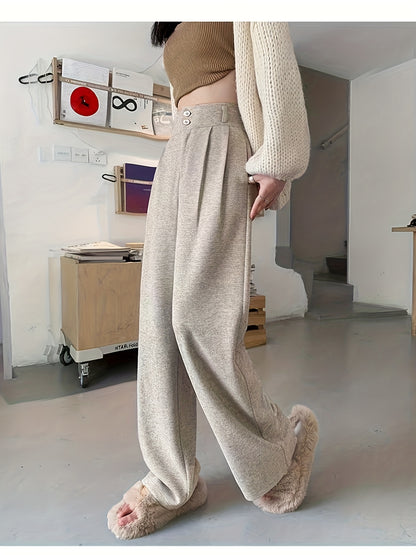 Elegant Herringbone Wide Leg Pants for Women with High Waist Button Front Pleated Tailored Style