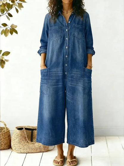 Effortless Denim Jumpsuit for Women with Collar Long Sleeve Button Front Wide Leg Style