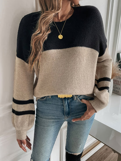 Women's Casual Two-Tone Color-Block Drop Shoulder Pullover Sweater - Soft Round Neck All-Season Versatile Top for Casual Attire, Cute Sweaters, Relaxed Outfit, Elegant Style, Durable Construction, Stylish Knitwear, Comfort Seekers