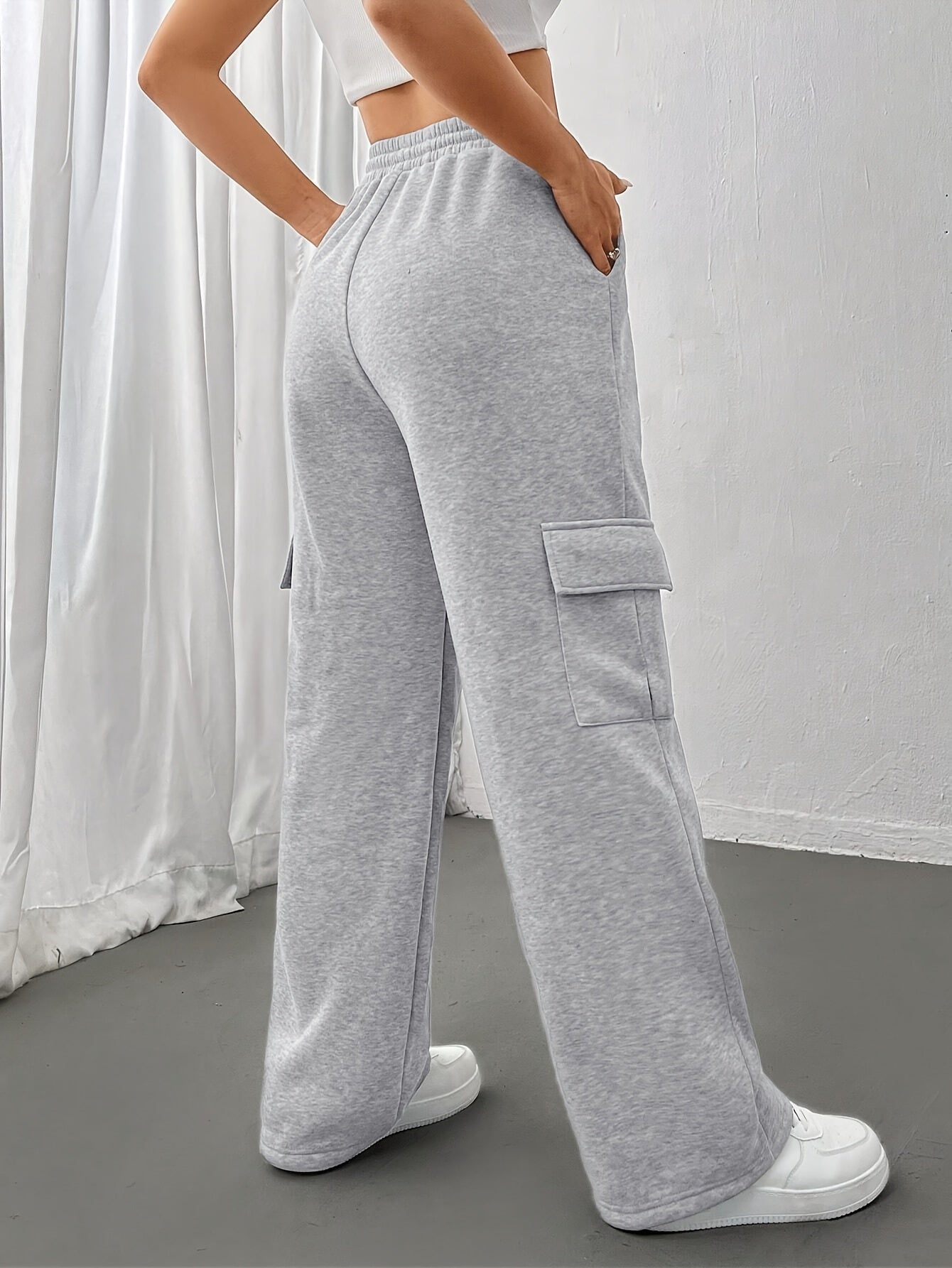 Comfortable Black Cargo Sweatpants for Women with High Waist Drawstring Flap Pocket Wide Leg Relaxed Style