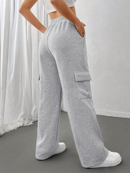 Comfortable Black Cargo Sweatpants for Women with High Waist Drawstring Flap Pocket Wide Leg Relaxed Style