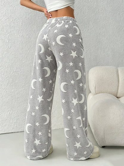 Women'S Autumn Winter Fleece Thickened Star Pattern Belt Drawstring Wide-Leg Long Pants Suitable for Outdoor Indoor Casual Plush Trousers Pants