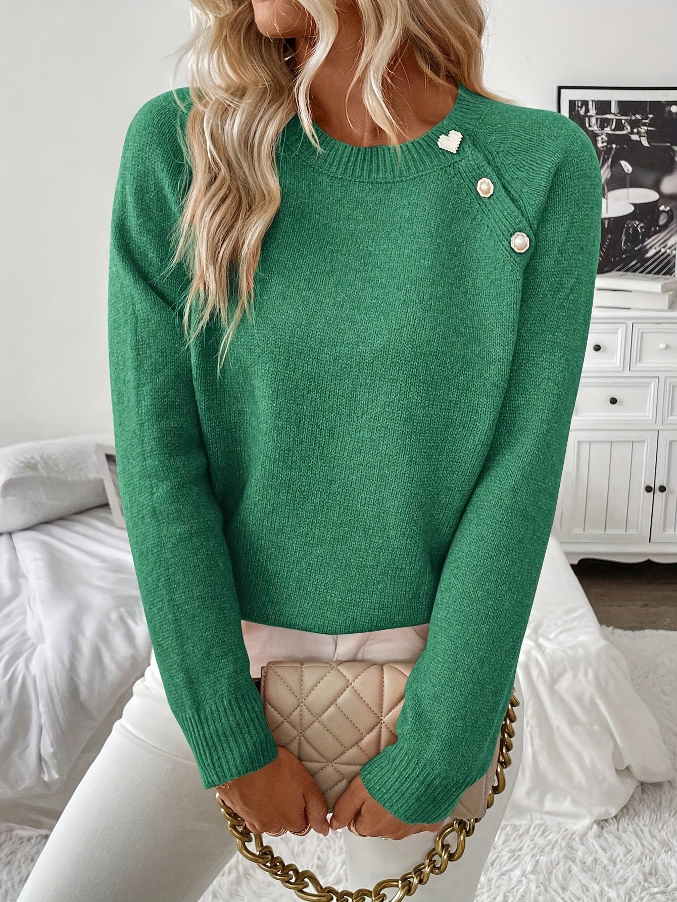 2025 Women's Off-Shoulder Button- Round Neck Pullover Long-Sleeve Casual Sweater
