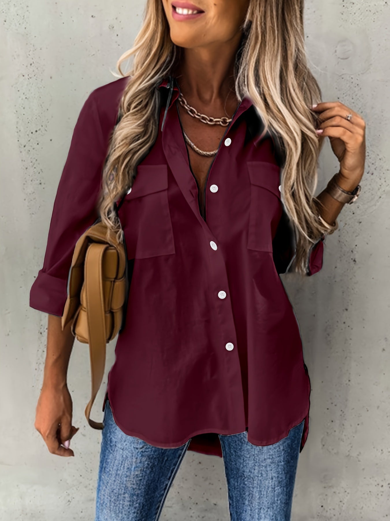 Effortless Utility Pocket Blouse for Women with Collar Long Sleeve Relaxed Curved Hem Style