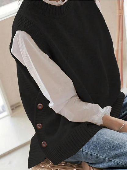 Comfortable Ribbed Knit Sweater Vest for Women with Mock Neck Sleeveless Side Button Relaxed Style