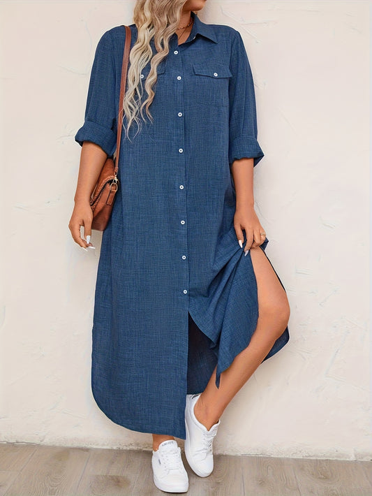 Women'S Plus Size Casual Faux Denim-Style Long Shirt Dress - Button-Up, Loose Fit, Non-Stretch Fabric, Straight Hem, Perfect for Weekend Wear, Casual Summer Dress | Buttonup Dress | Fabric Dress