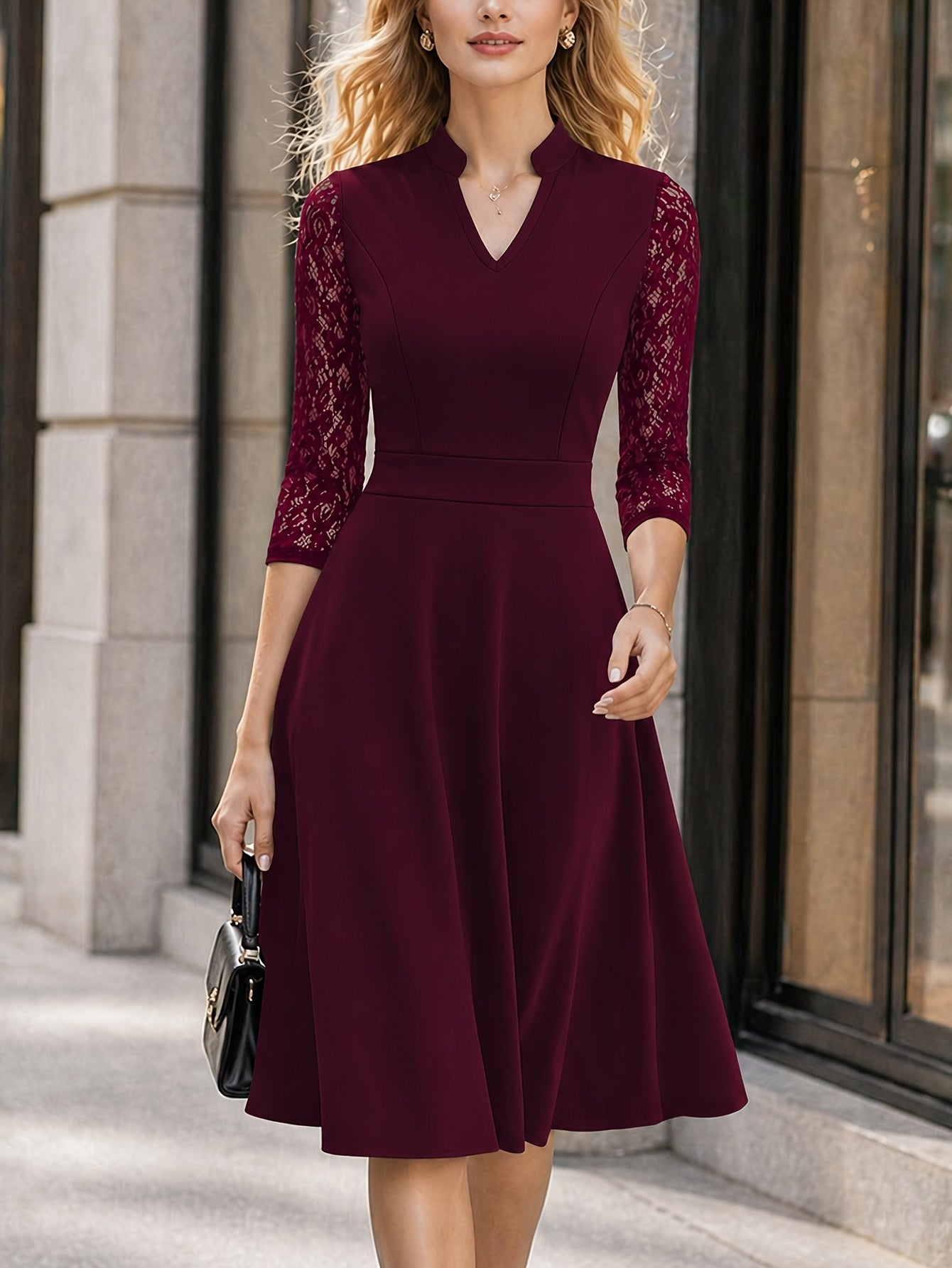 Elegant Lace Trim Midi Dress for Women with Notch Neck Three Quarter Sleeve Fit and Flare Cocktail Style