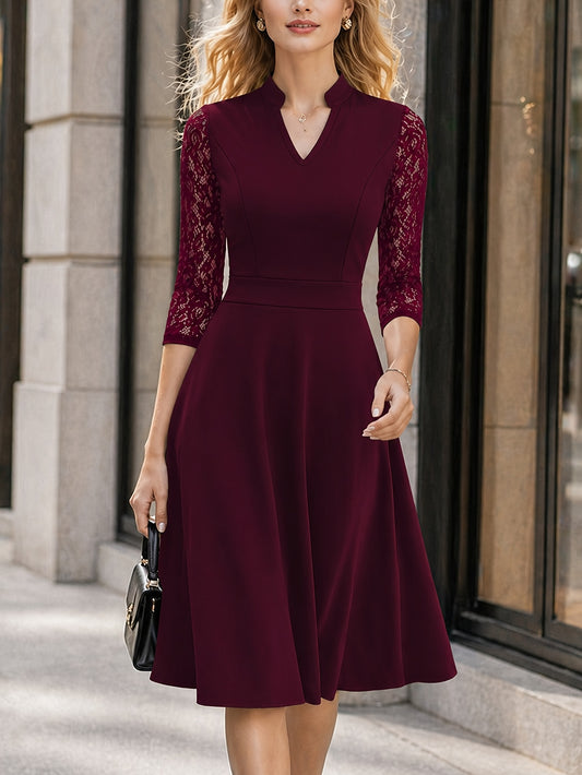 Elegant Lace Trim Midi Dress for Women with Notch Neck Three Quarter Sleeve Fit and Flare Cocktail Style