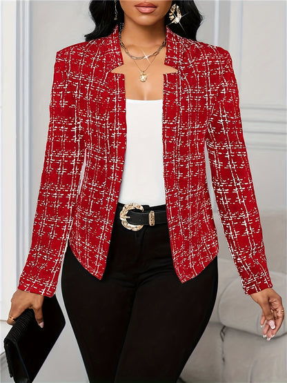 Elegant Tweed Blazer for Women with Lapel Collar Long Sleeve Open Front Fitted Style