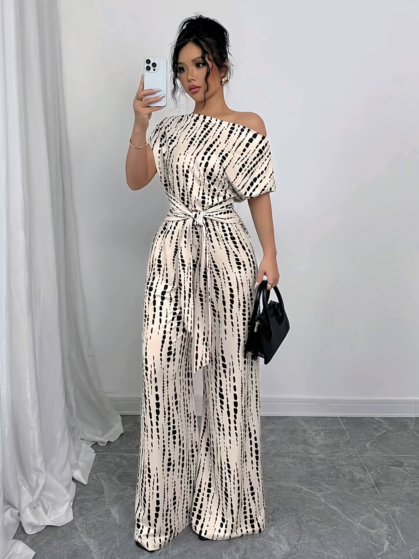 Elegant Apricot Printed Jumpsuit for Women with One Shoulder Short Sleeve Tie Waist Wide Leg Flowing Style