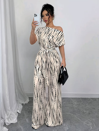 Elegant Apricot Printed Jumpsuit for Women with One Shoulder Short Sleeve Tie Waist Wide Leg Flowing Style