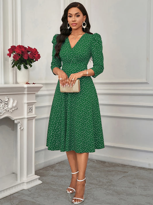Elegant Green Polka Dot Midi Dress for Women with V Neck Elbow Sleeve Fit and Flare Wedding Guest Style
