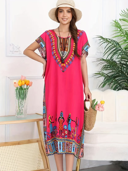 Effortless Tribal Print Kaftan Dress for Women with V Neck Short Sleeve Flowing Bohemian Style