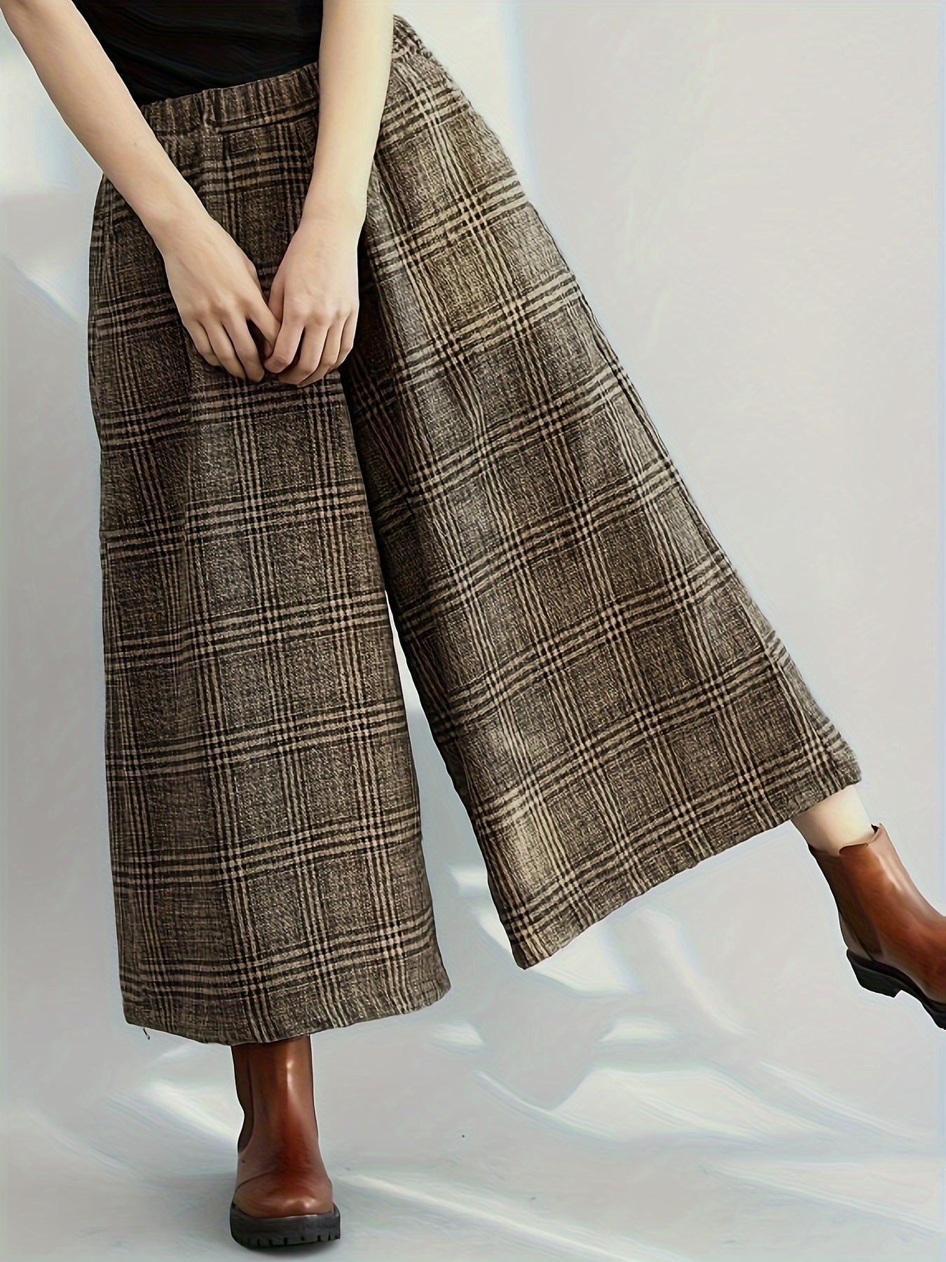 Effortless Plaid Wide Leg Culotte for Women with High Waist Elastic Cropped Relaxed Casual Style