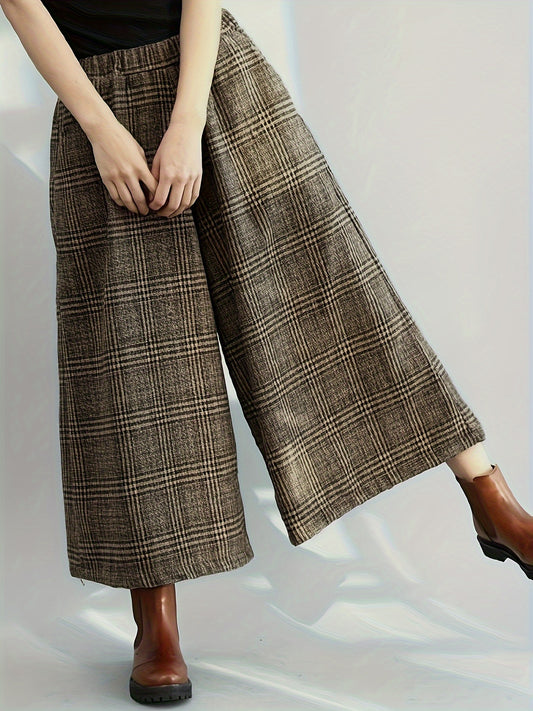 Effortless Plaid Wide Leg Culotte for Women with High Waist Elastic Cropped Relaxed Casual Style
