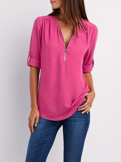 Effortless Zip Front Blouse for Women with V Neck Roll Tab Sleeve Relaxed Tunic Style