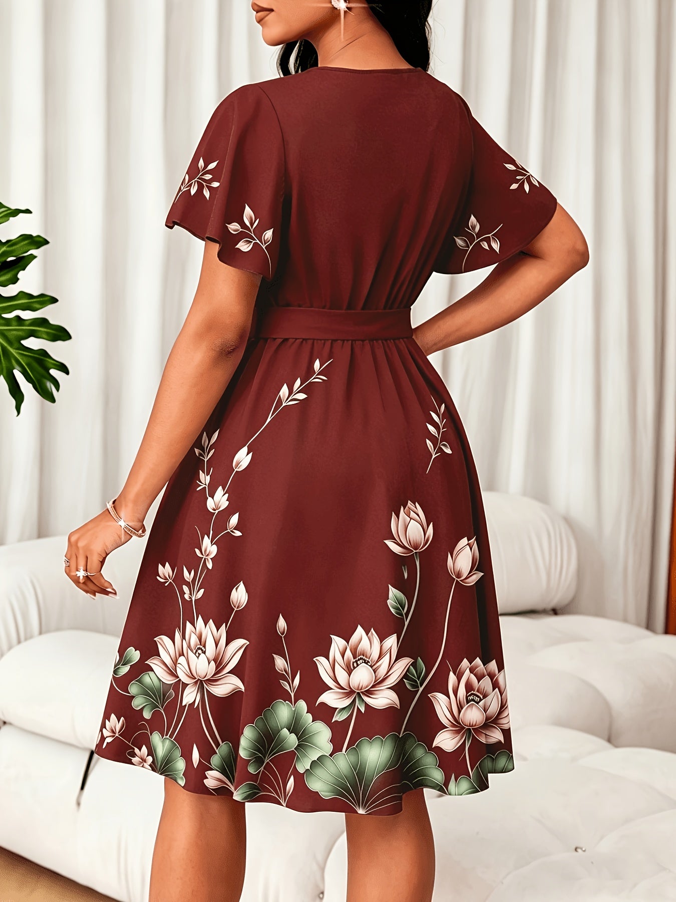 V-Neck Dress, Elegant Floral Print Short Sleeve, Waist-Cinching A-Line Midi Dress, Versatile Women's Wear for Commuting, Parties, and Daily Wear