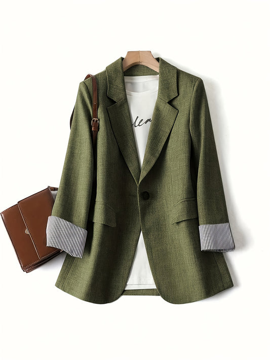 Elegant Fern Green Textured Blazer for Women with Notch Lapel Long Sleeve Striped Cuff Casual Style