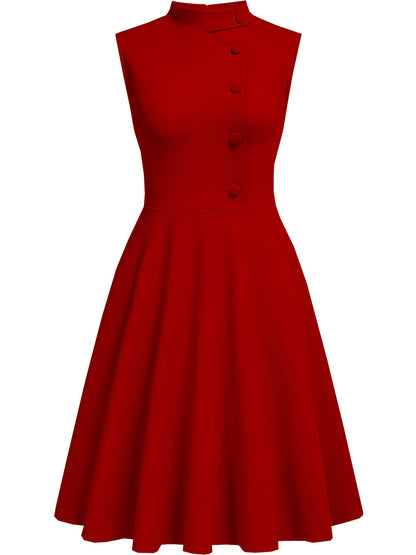 Elegant Navy Midi Dress for Women with High Neck Sleeveless Button Front Fit and Flare Cocktail Style