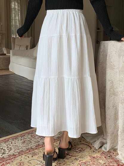 Elegant White Tiered Maxi Skirt for Women with High Waist Elastic A Line Flowing Style