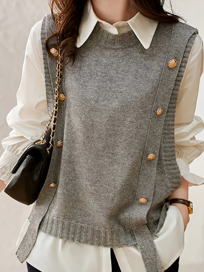 Comfortable Sweater Vest for Women with Round Neck Sleeveless Button Trim Relaxed Oversized Style