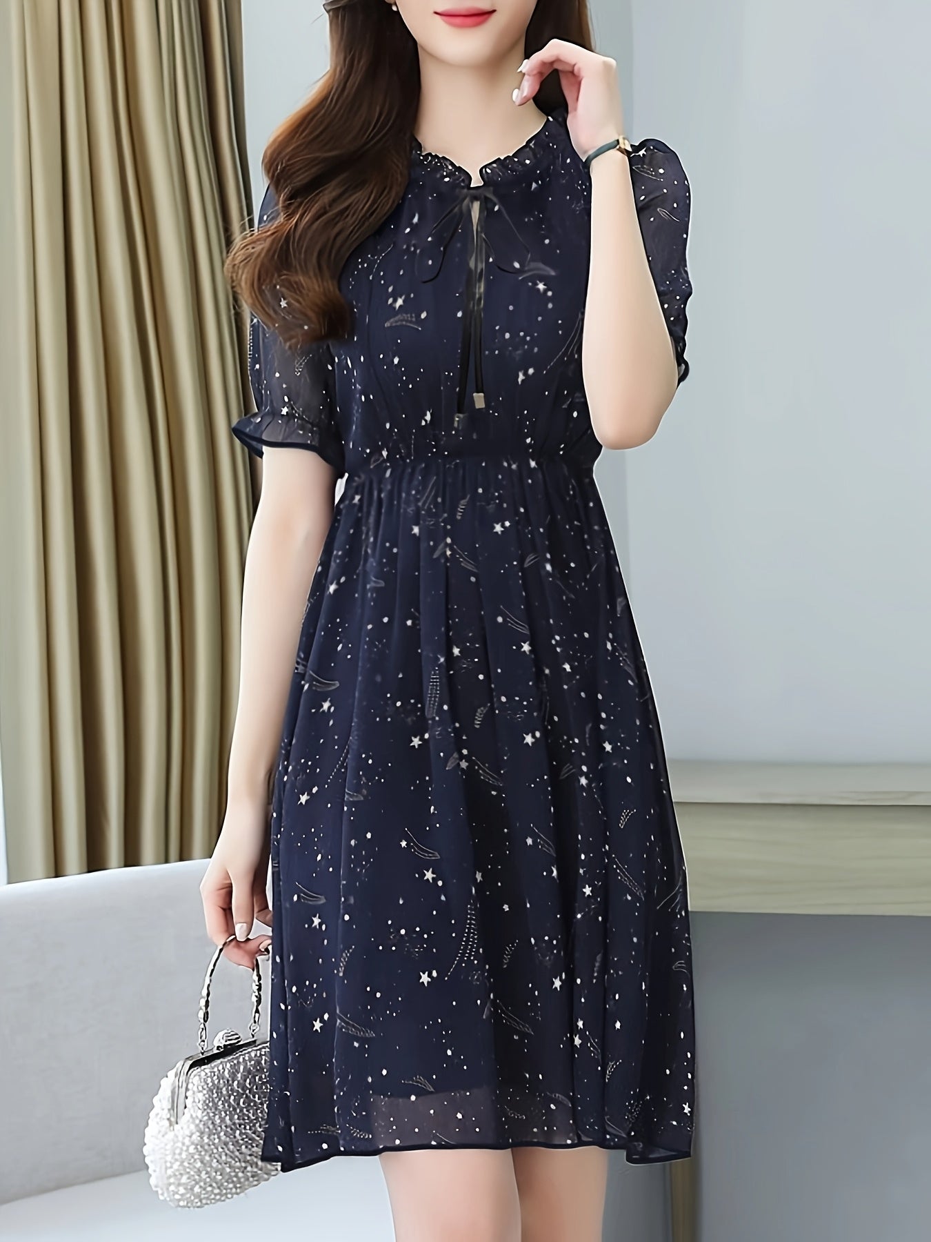 Q8103 Summer Printed Waist-Cinching Short-Sleeve Dress