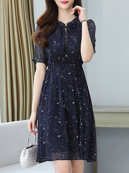 Q8103 Summer Printed Waist-Cinching Short-Sleeve Dress