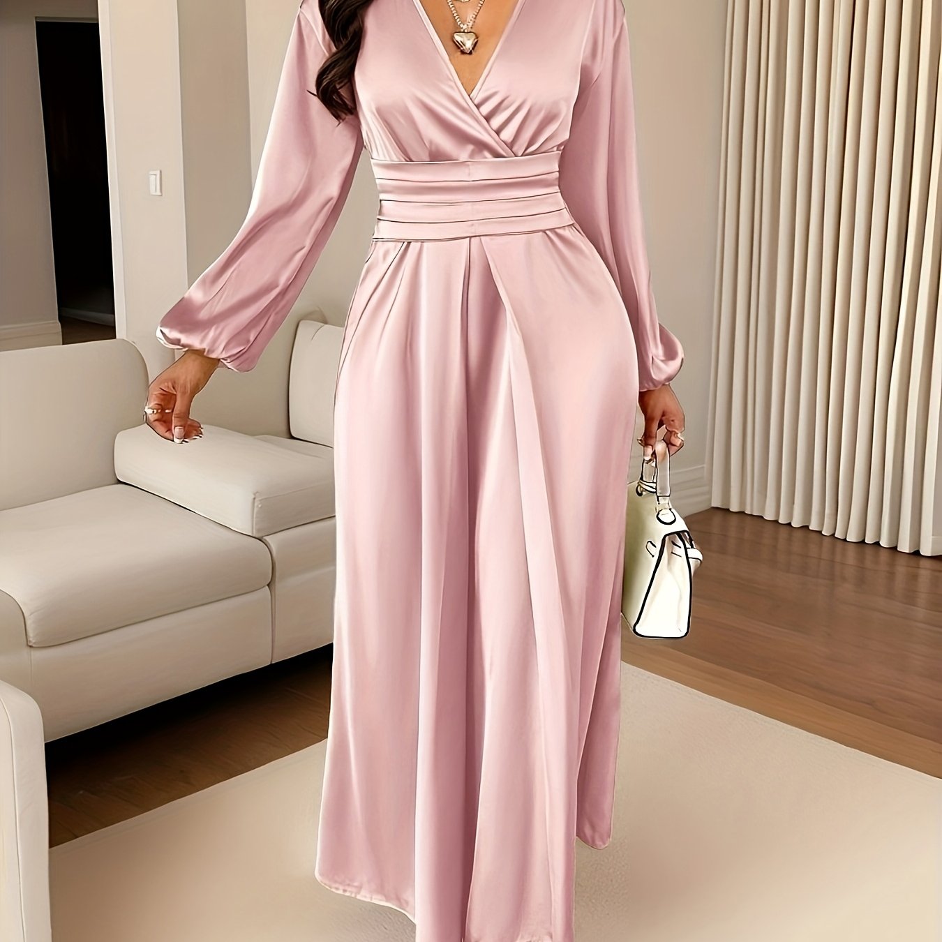 Women's Solid-color Simple Daily and Party Banquet Satin Bridesmaid Dress with Pleated Design