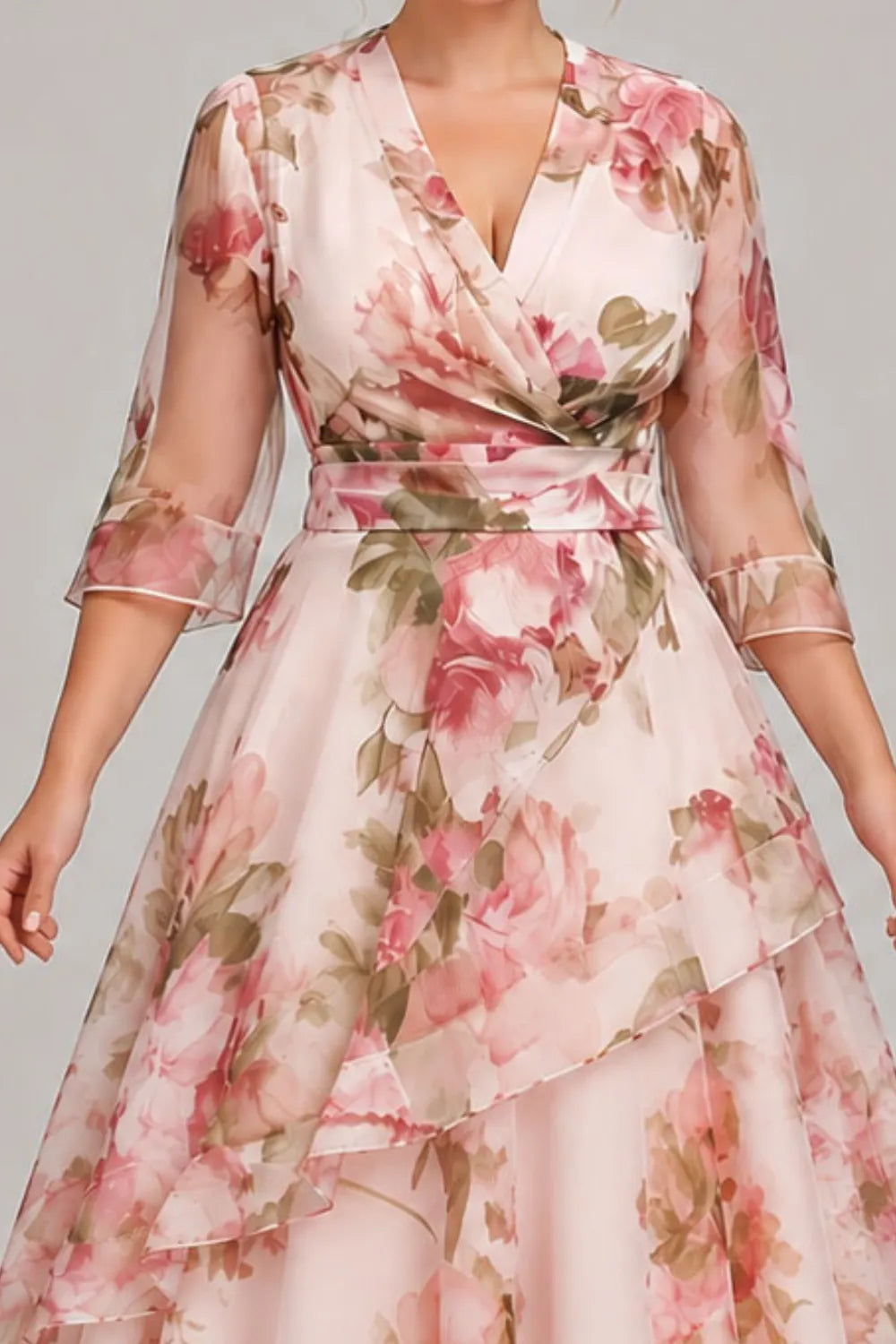 Elegant Pink Floral Maxi Dress for Women with V Neck Bell Sleeve Wrap Tiered Ruffle Wedding Guest Style