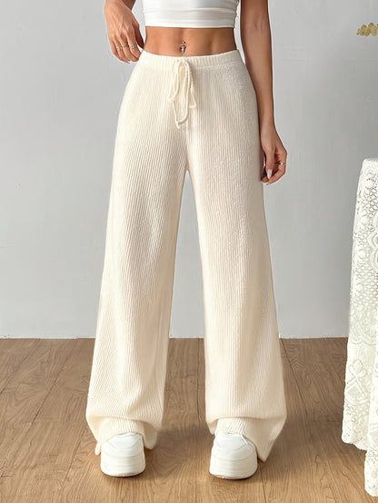 Effortless Ribbed Knit Wide Leg Pants for Women with High Waist Drawstring Relaxed Casual Style