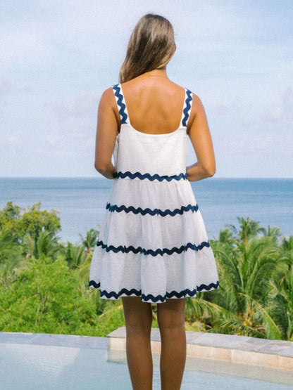 Effortless Tiered Ric Rac Mini Dress for Women with Square Neck Sleeveless Ruffle Hem Bohemian Style