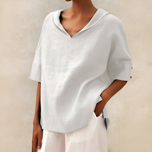 Effortless Linen Blouse for Women with V Neck Collar Half Sleeve Relaxed Oversized Style