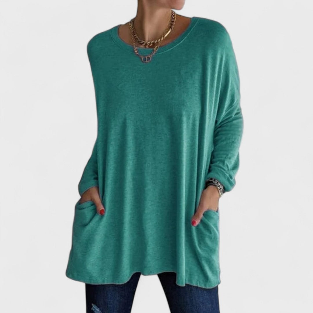 Effortless Oversized Tunic for Women with Crew Neck Long Sleeve Side Pocket Relaxed Style