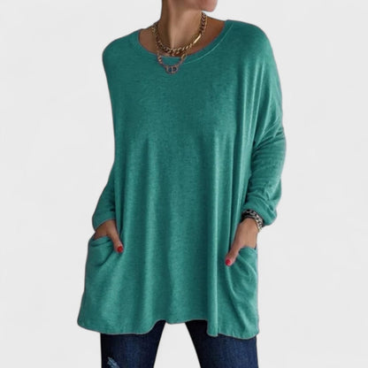 Effortless Oversized Tunic for Women with Crew Neck Long Sleeve Side Pocket Relaxed Style
