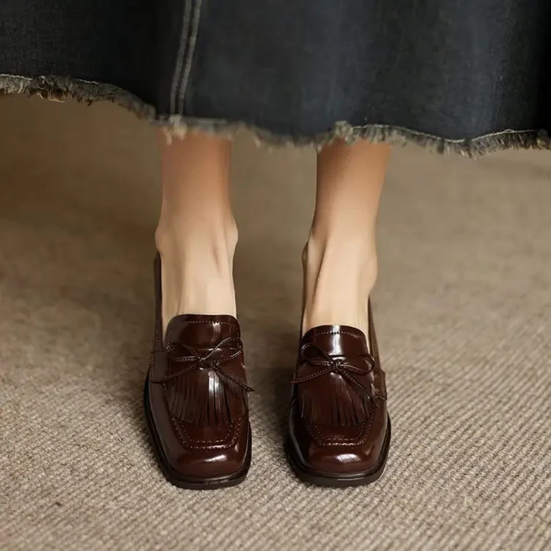 Elegant Patent Leather Tassel Loafer for Women with Block Heel Bow Fringe Detail Classic Style